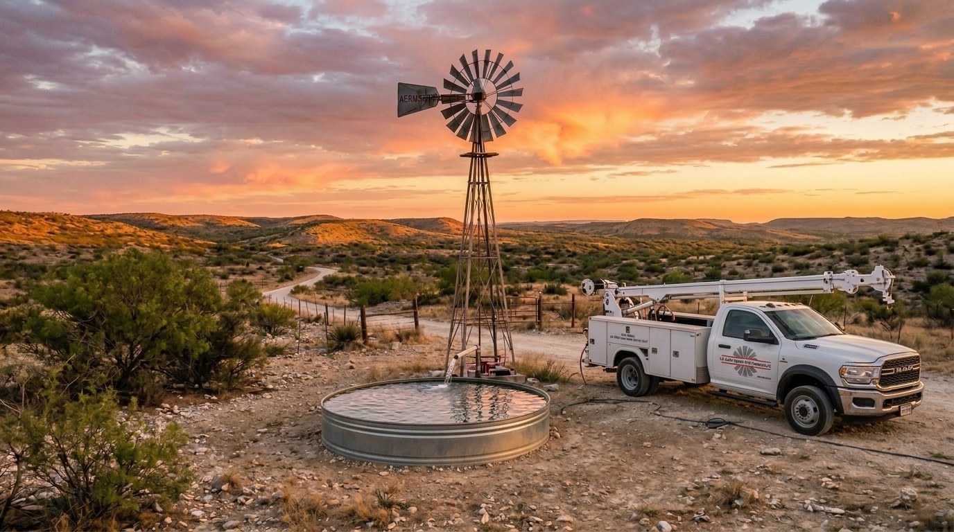 Scenic West Texas ranch water well with Aermotor windmill, livestock stock tank, and Ram pump hoist service truck near Del Rio